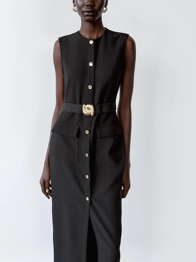 Spring New Arrival Women's Midi Dr ZA2025 Svel round Ne Gored Skirt with Belt Single Button Closure Vest Sle