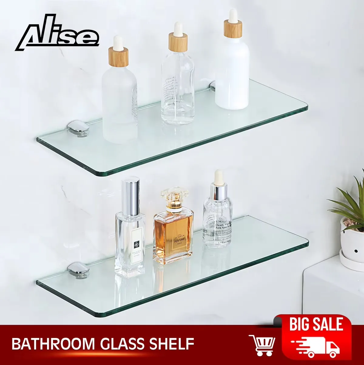 Bathroom Glass Shelf Wall Mounted 7MM Tempered Transparent Glass with Chromed Shelf Brackets 380MM Length Bathroom Accessories