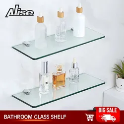 Bathroom Glass Shelf Wall Mounted 7MM Tempered Transparent Glass with Chromed Shelf Brackets 380MM Length Bathroom Accessories