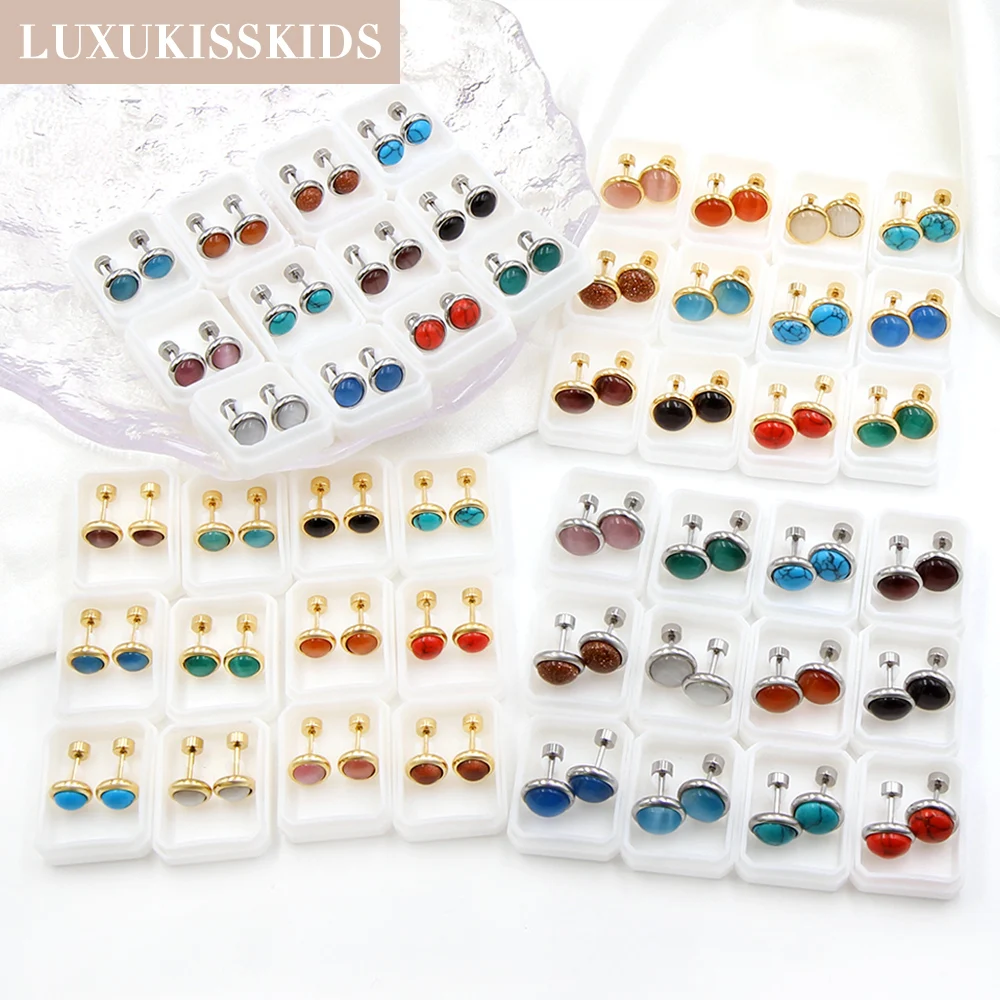 LUXUKISSKIDS Opal Earrings Stud Antiallergy Stainless Steel 12pairs/Lots Colorful Stone Earings Sets Twist Pack Bulk Piercing