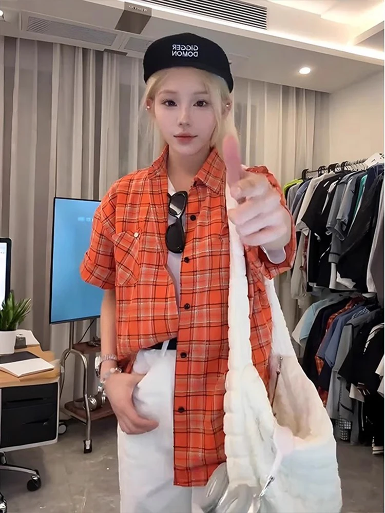 

Оранжевый клетчатый летний комплект для пар в стиле ретро, высококачественная молодежная мода в американском стиле