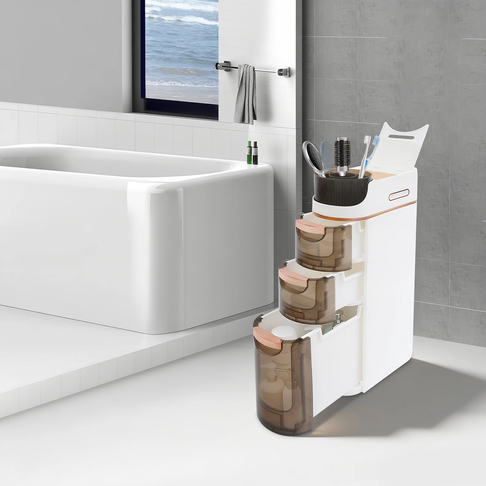 Modern White Brown Injection Molding Storage Cabinet Semi-Transparent Drawer Grooved Top Cover With Universal Rolling Wheels