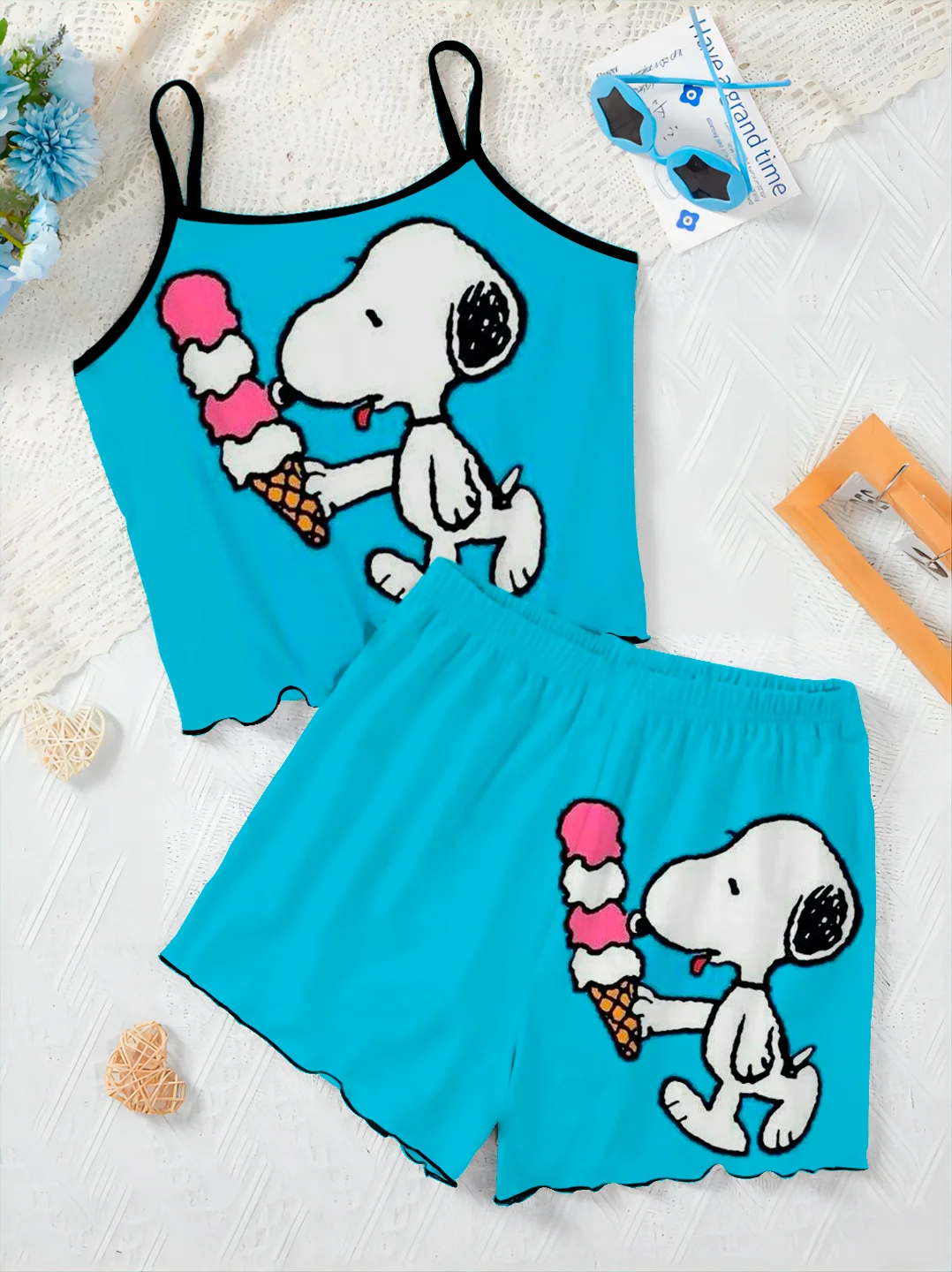 Snoopy Slip Dress Sla Trim Dames Pak Pyjama Rok Broek Set Vrouw 2 Stuks Chique En Elegante Top T-Shirt Kort Luxe