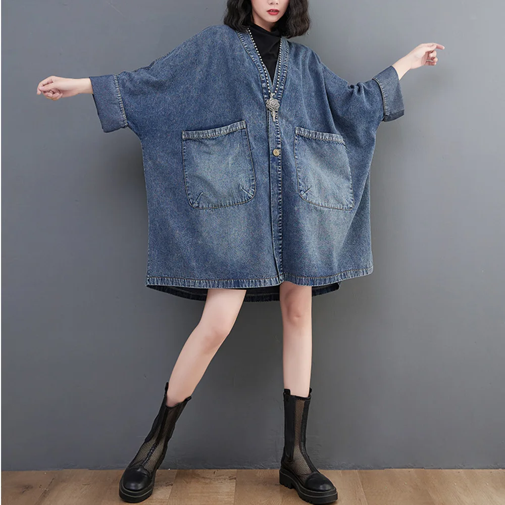 Women Loose Long Denim Coat V-Neck Long Sleeve One Breasted Oversize Jean Jackets Female Spring Fall Versatile Commute Outerwear