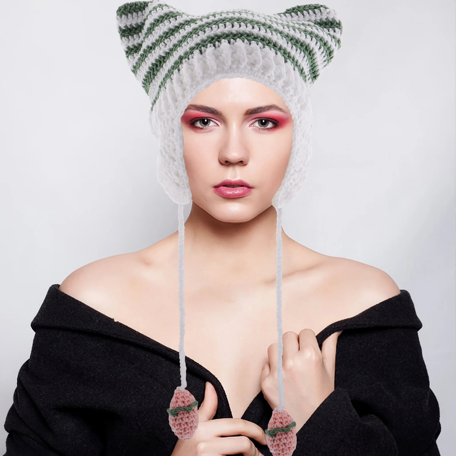 

Adorable Striped Cat Ear Knit Hat for Women Cozy Warm Beanie with Ear Coverage Great for Cold Seasons Stylish