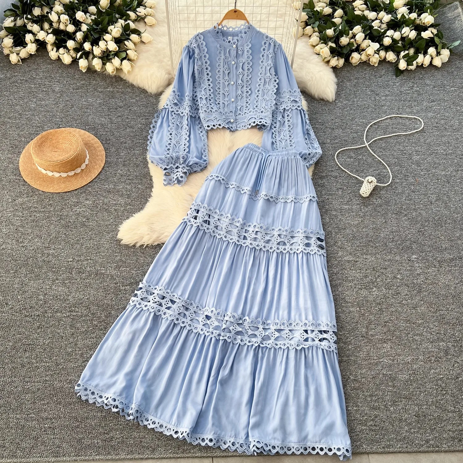 

2025 Spring Holiday Hollow Out Embroidery 2 Piece Sets Women Lantern Sleeve Short Loose Shirt Top + A-Line Pleated Skirts Suit