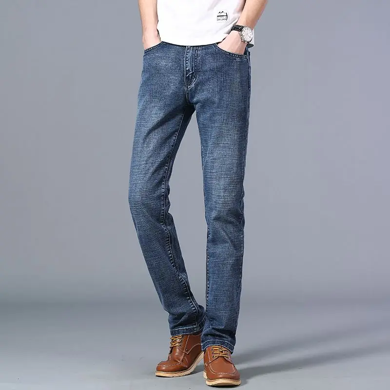 الأعمال عادية سليم صالح مستقيم الساق الرجال الجينز الأعمال مستقيم الترفيه بنطال مرن الذكور العلامة التجارية سراويل جينز أربعة مواسم #3