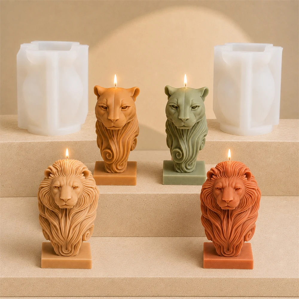 3D Lion Leopard Candle Mold Set Animal Lion Head Sculpture Silicone Molds for DIY Scented Candles Soap Resin Plaster Crafts