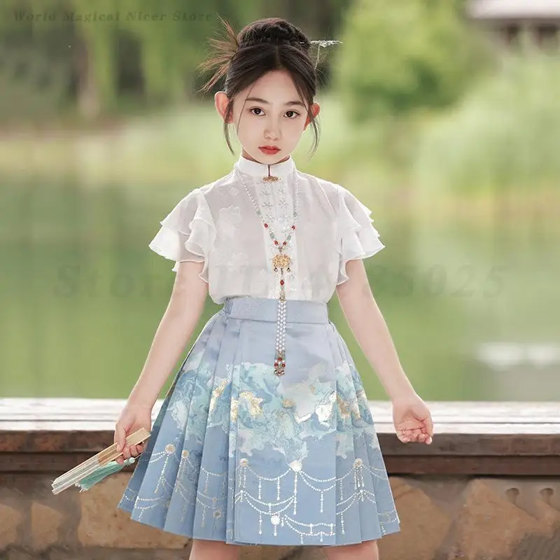 

Новая юбка с конским лицом в китайском стиле для девочек, комплект Hanfu, летний топ с короткими рукавами, наряд Mamianqun, детский костюм Тан в античном стиле