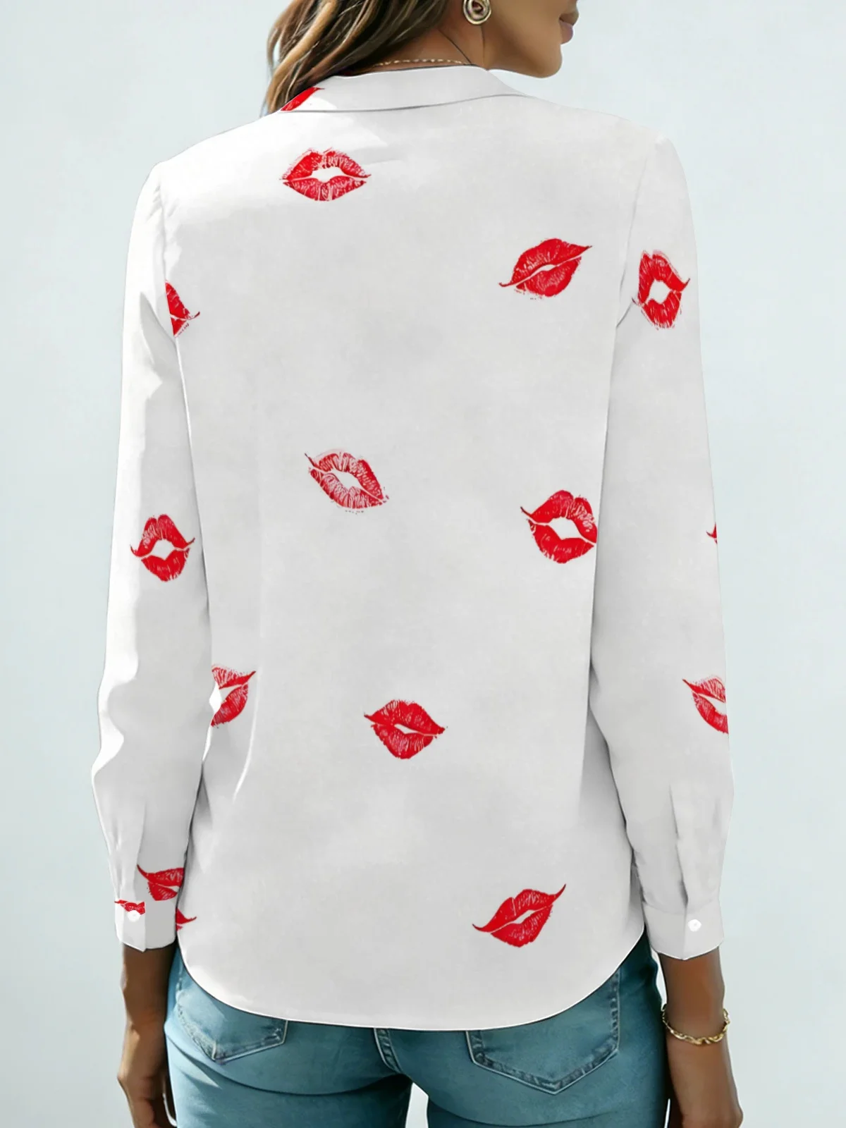 Sexy Dating Red Lip Kiss Women Long Sleeve Shirt Pure White Base Scattered Retro Lipstick Mark Lapel Button Down Valentine Party view 4