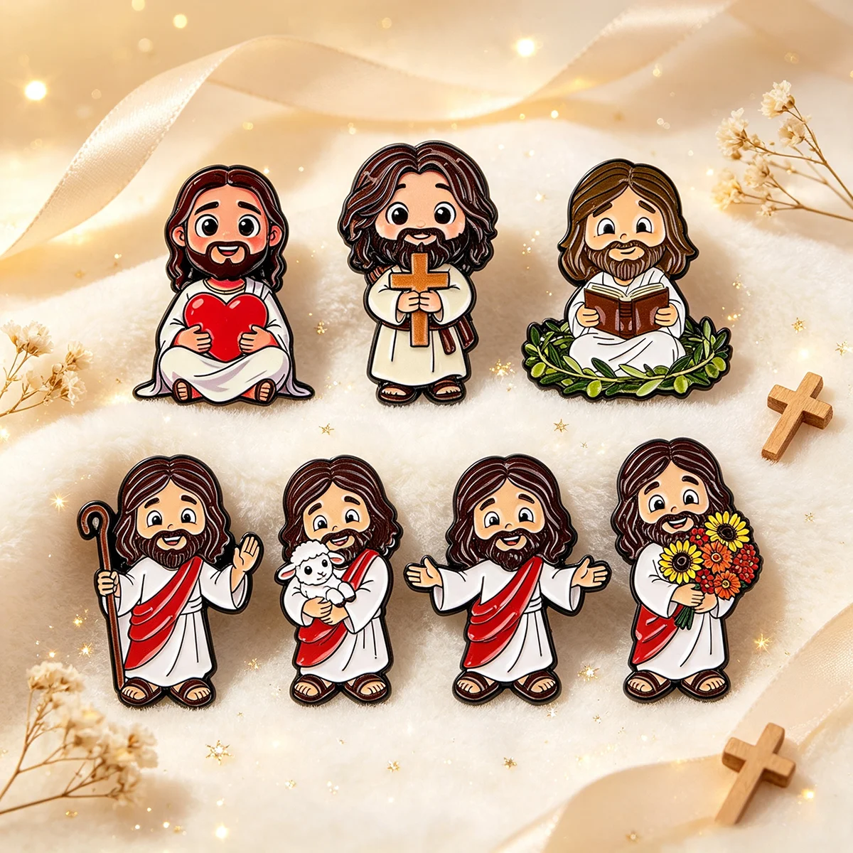 7-teiliges Set Kawaii Cartoon Jesus Glaube Kreuz Metall-Emaille-Pins Abzeichen für Rucksack Kleidung Accessoires Schmuck Geschenk für Freunde – Detail 3