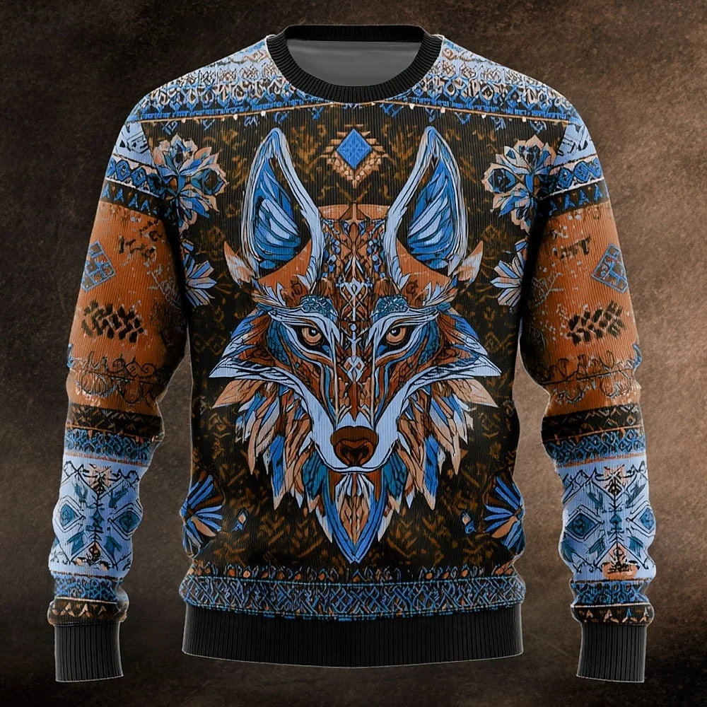 Men's Animal Wolf Pullover Sweater Jumper Knitwear Crewneck Retro Vintage Casual Daily 3D Print Warm Long Sleeve Man Sweatshirts