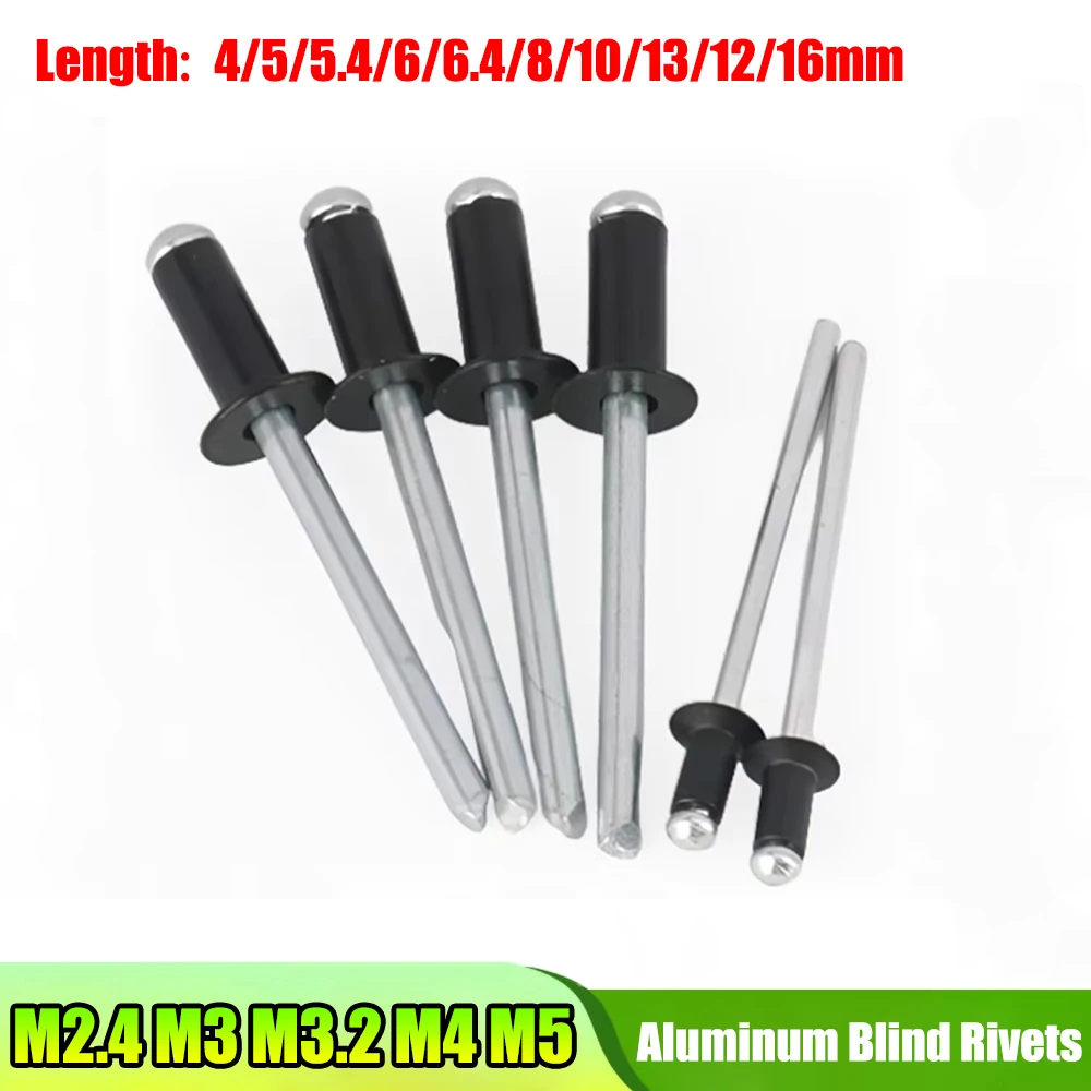 20-200Pcs Black Aluminum Blind Rivets M2.4 M3 M3.2 M4 M5 Dome Head Pop Rivets Shank Mandrel Exhaust Rivets For Car Length 4-30mm