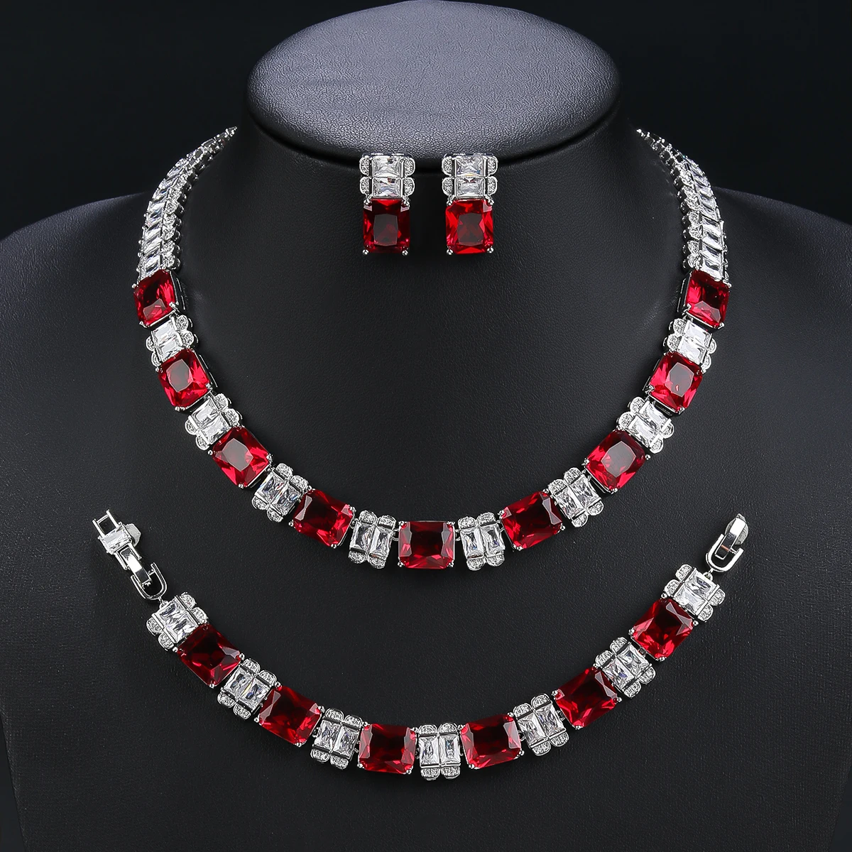 Fashion Elegant 4 Colors Cubic Zirconia Necklace Earrings Bracelet Set  Bridal Wedding Jewelry Set Party Accessories CN11218