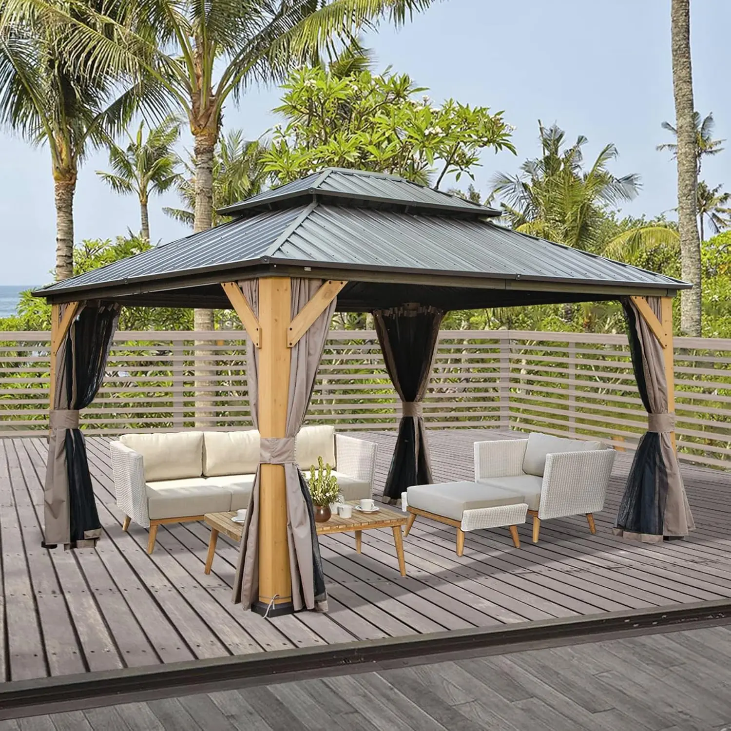 

12x14 Ft Wood Gazebo, Cedar Frame Hardtop Gazebo with Galvanized Steel Double Roof, Netting & Curtains, Patio Pergola Pavilion