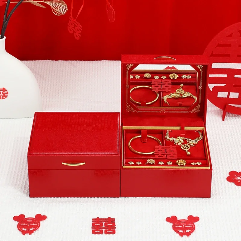 

Three gold jewelry box, high-end leather, wedding dowry, wedding with mirror, gold engagement, dowry jewelry box