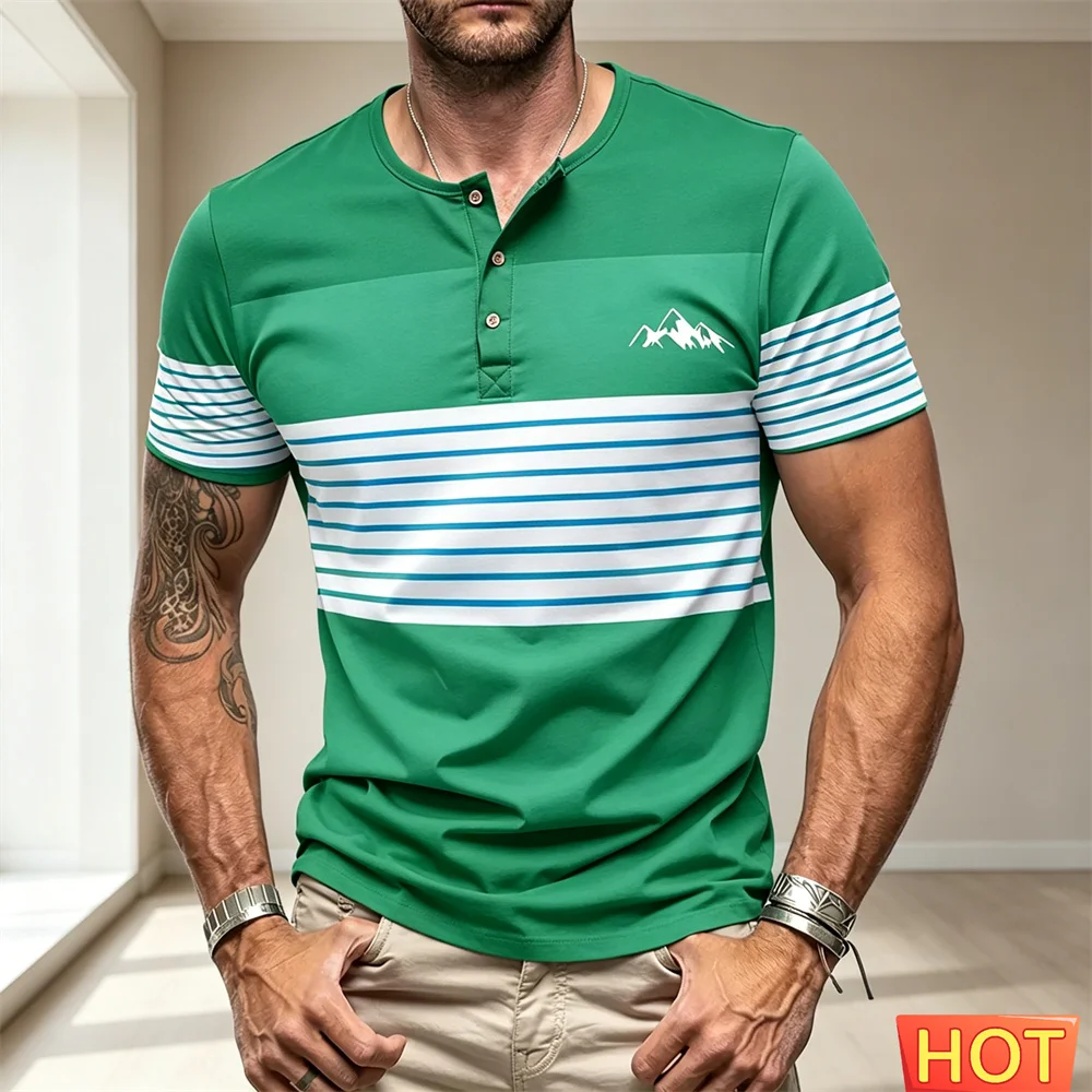 Men's Henry T-shirt Summer Classic T-Shirt Striped Men's button up T-shirt Short Sleeves Tees Streetwear Sports y2k Henry shirt
