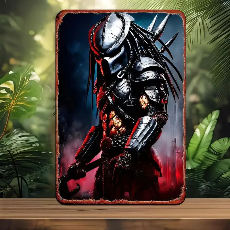 Vintage Metal Predator Tin Sign - Sci - Fi Red & Silver Armor Design, Iron Wall Art for Room, Game Room & Movie Fan Decor, Retro