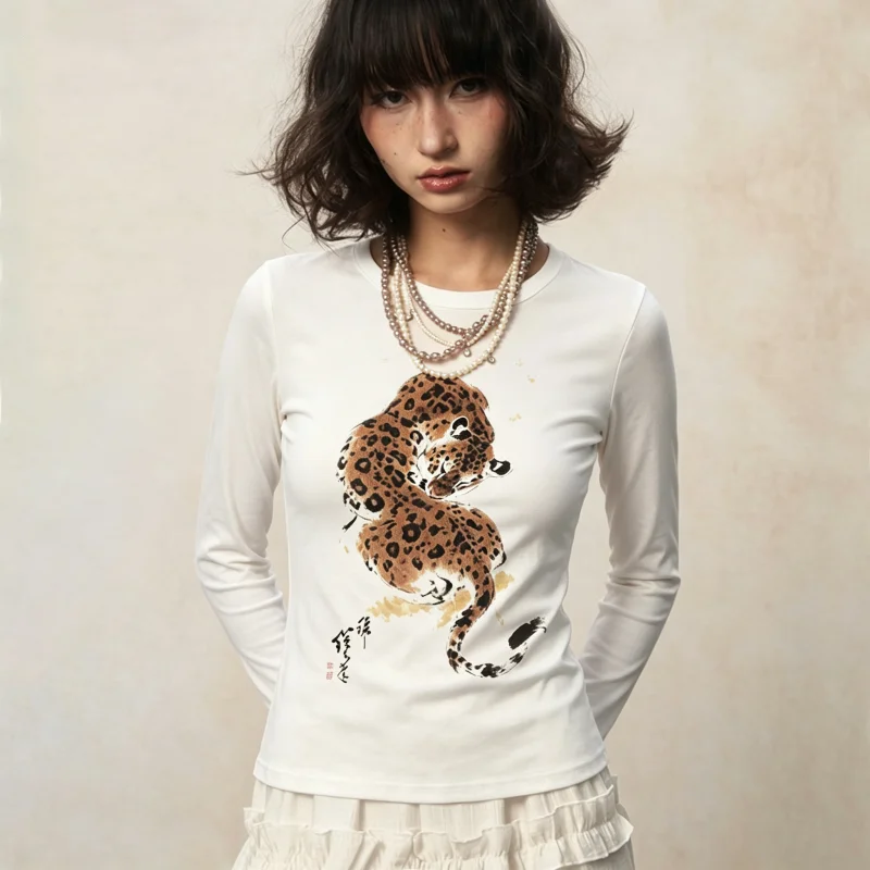 American Vintage White Tiger Print Women Long Sleeve Tee Autumn Winter Unique Stylish Inner Top