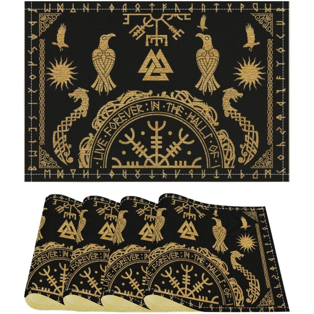 Viking Tree Abstract Placemats Holiday Party Decor Golden Geometric Dragon Boat Rudder Ancient Script Table Mats Home Decoration