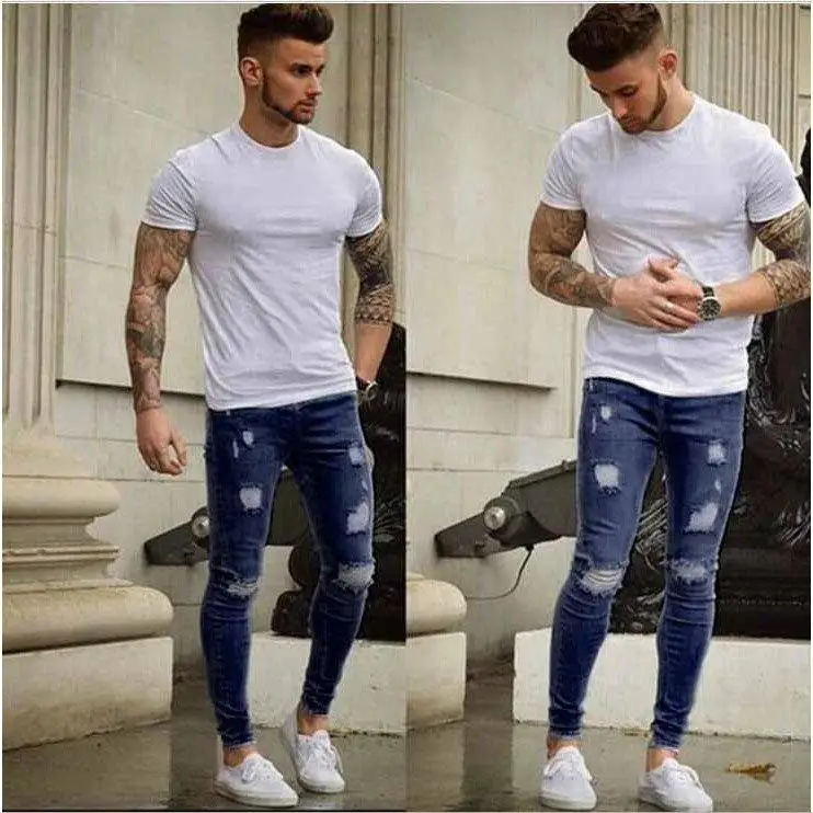 Fall 2025 Men's Slim Fit Jeans Distressed White Washed mid Waist Polyester Fiber Sport Scene Fitted Trousers