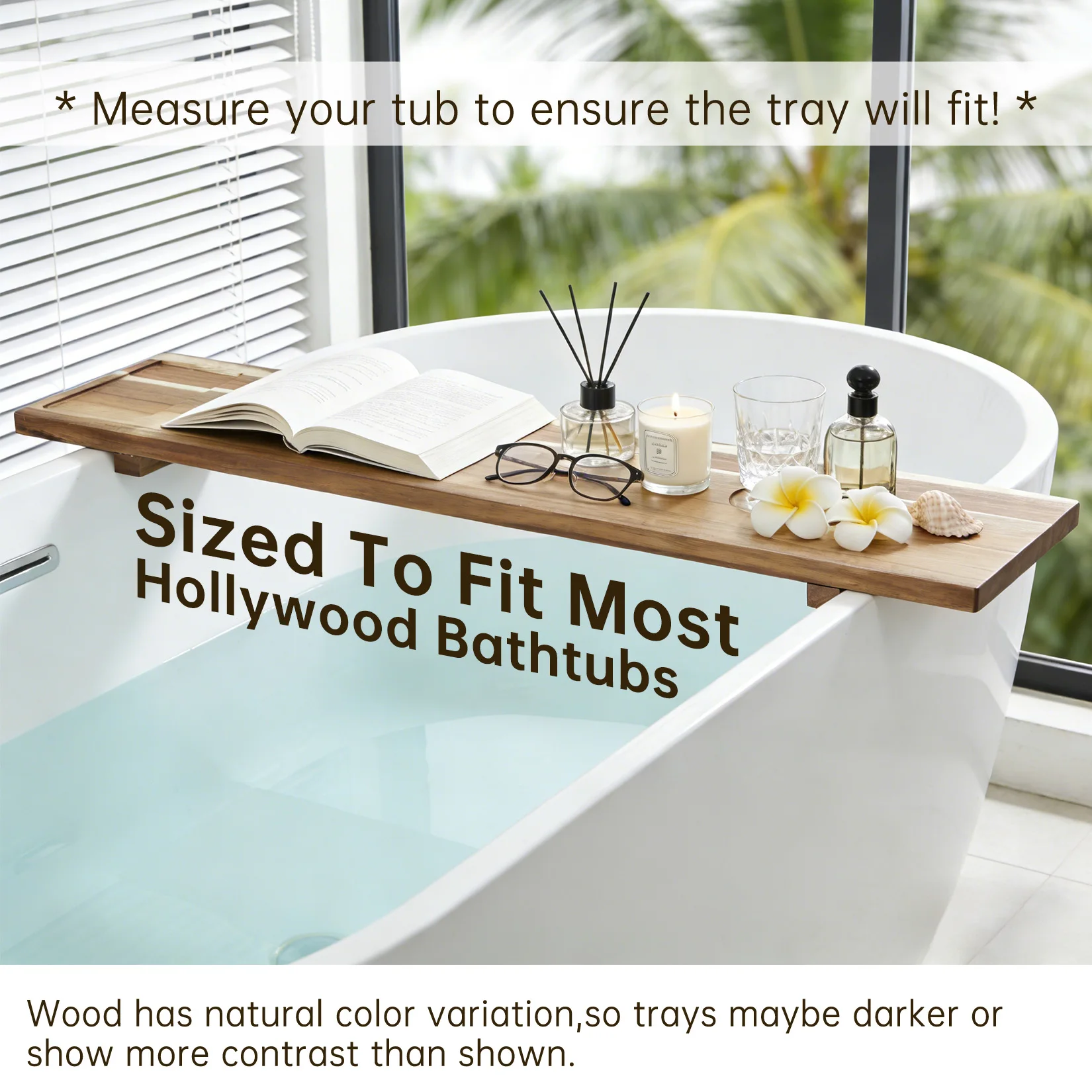 Expandable Bathtub Tray Caddy - Acacia Wood Bath Shelf with Non-Slip Grips, Wine Glass Holder, Phone/Tablet Slot, Rustic Spa Bath Board, Natural Finish