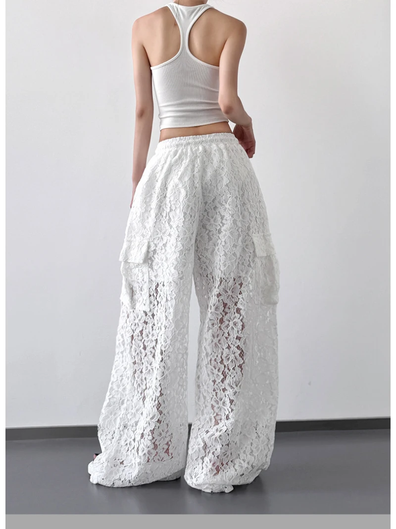 Women's Summer Casual Streetwear White Embellished Sheer Lace Drawstring Waist Wide Leg Cargo Pants 2026