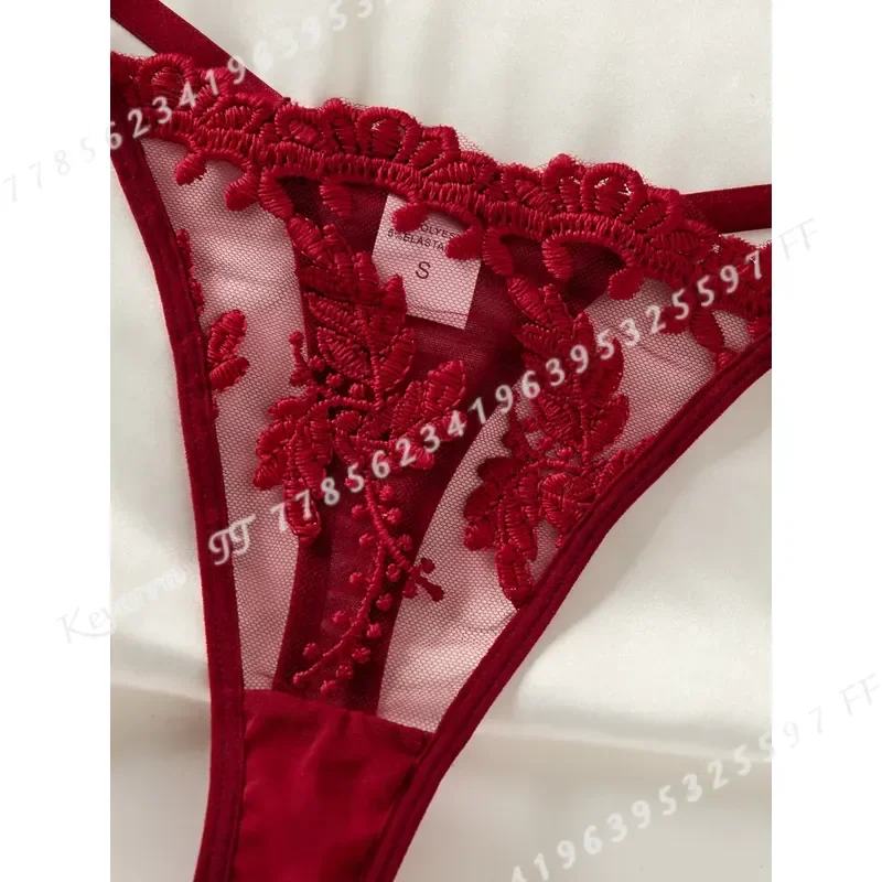 Wine Red Women's Country Style Wheat Ear Embroidery Semi Transparent Nightgown Elegant Comfortable Bow Design Sleepwear - view 6