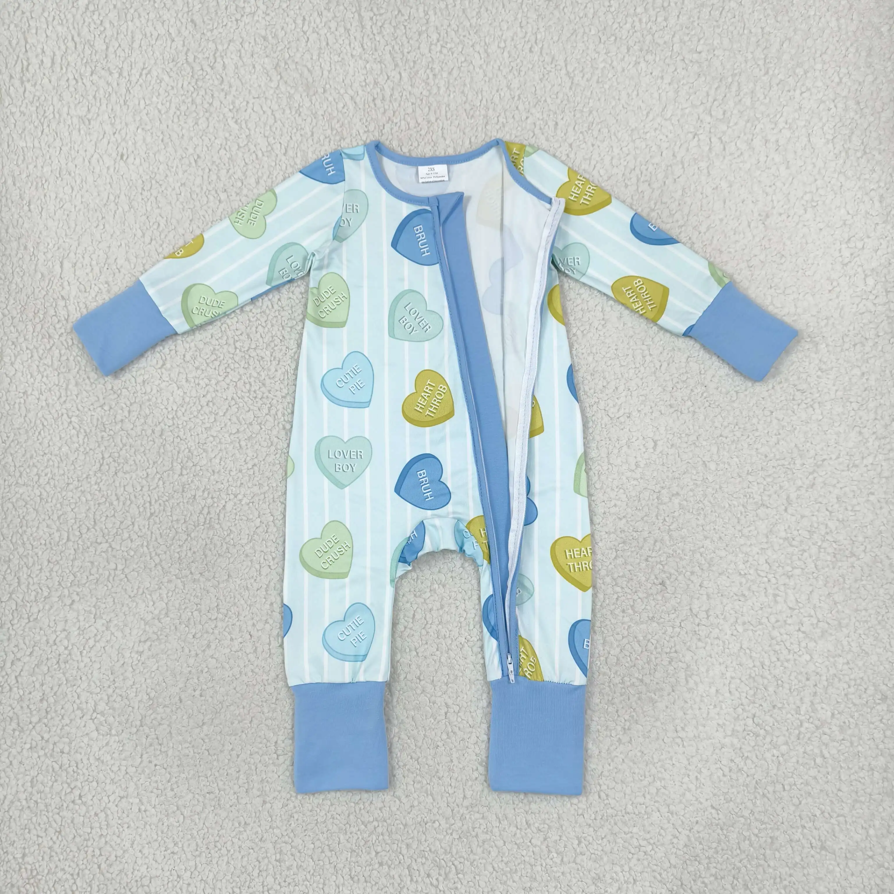 Wholesale Children Baby Boy Long Sleeves Infant Zip Romper Kids Hearts Blue Stripes Clothes Toddler Newborn Valentine Bodysuit