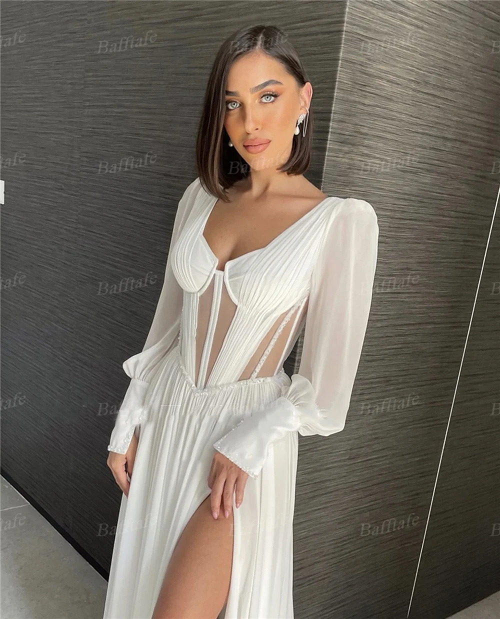 Bafftafe Simple Silk Chiffon Beach Wedding Dresses Puff Long Sleeves Split Arabic Bridal Gowns See Through Bones Robe de mariage