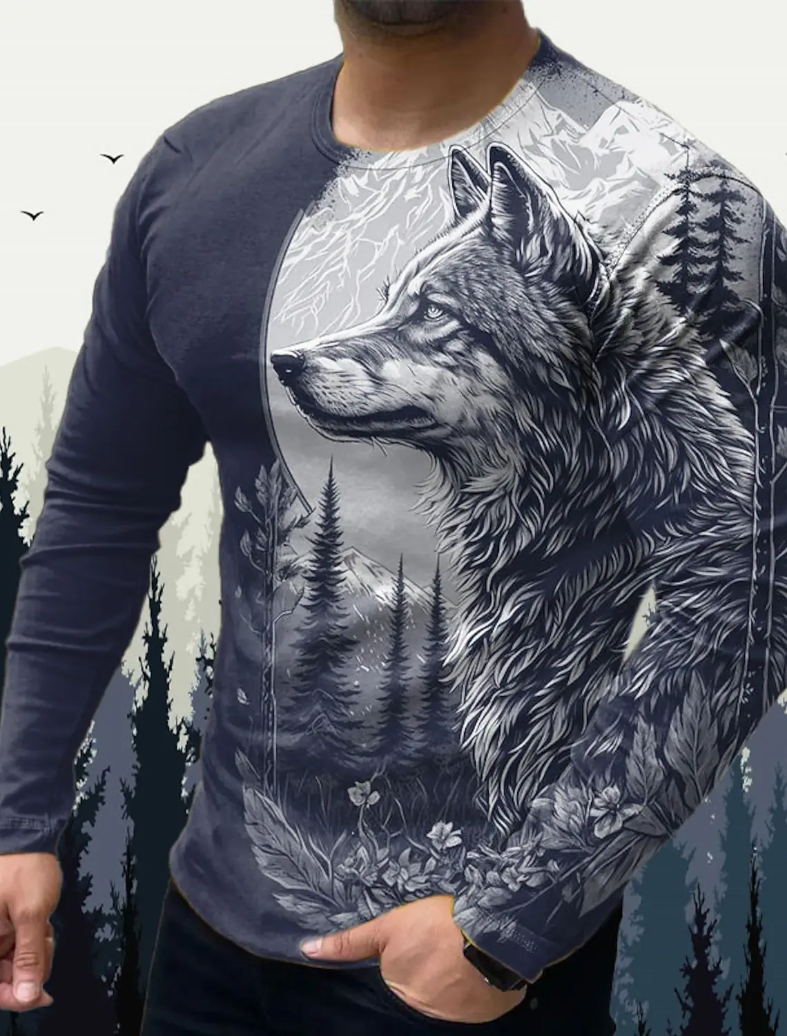 Men\'s T Shirts Vintage Animal Wolf Long Sleeve Tops Autumn Sweatshirt Graphic Casual Hip Hop Fashion Clothing O-neck T-shirts