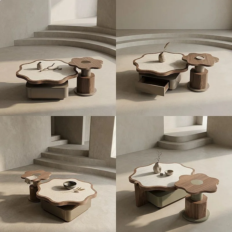 Mid-Century Petal Coffee Table Set, Wabi-Sabi Irregular Designer Luxury Living Room Table