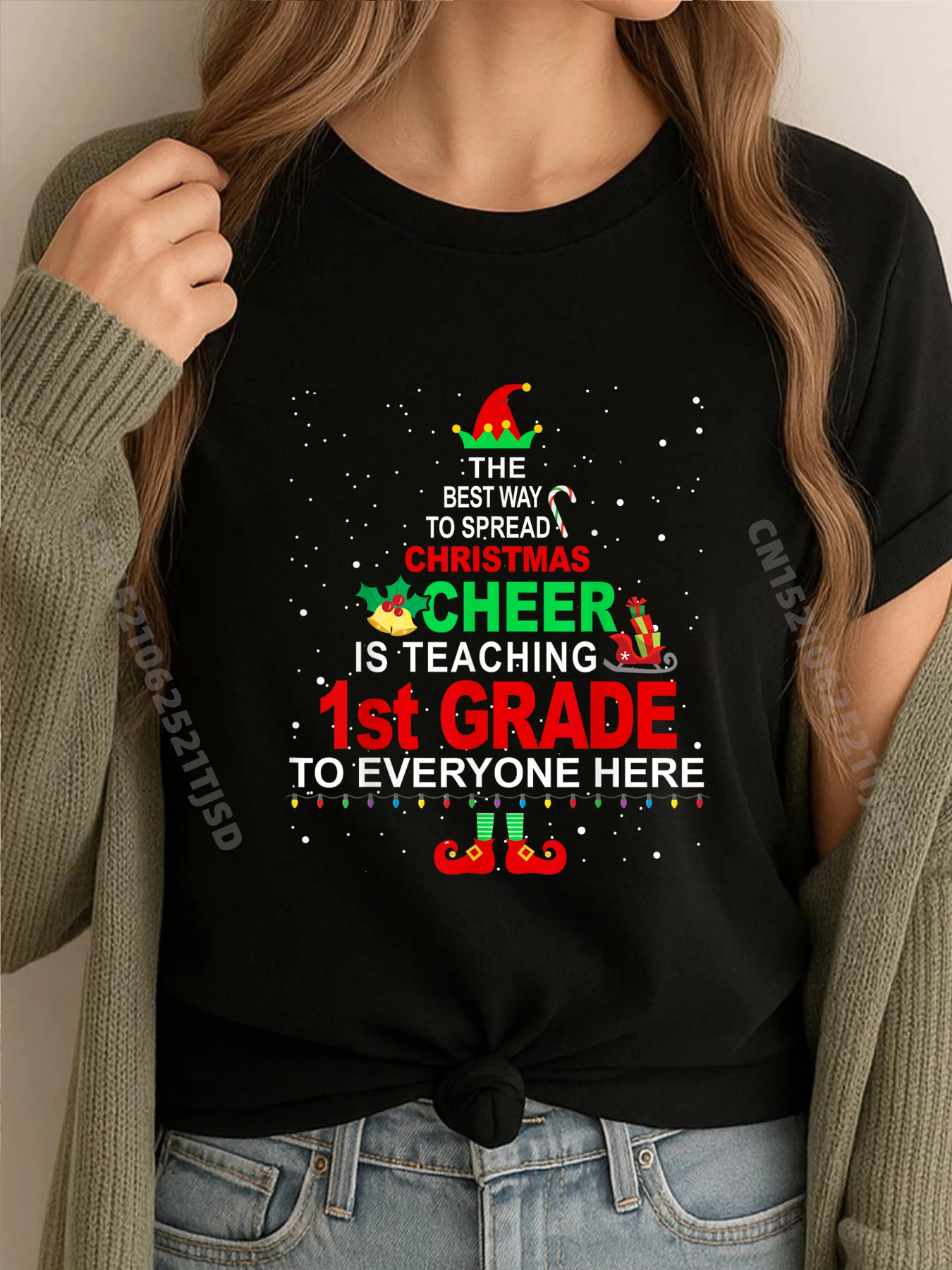 

1st Grade Teacher Christmas Elf Christmas Cheer Мужская дизайнерская футболка Брендовая одежда в Корейском стиле