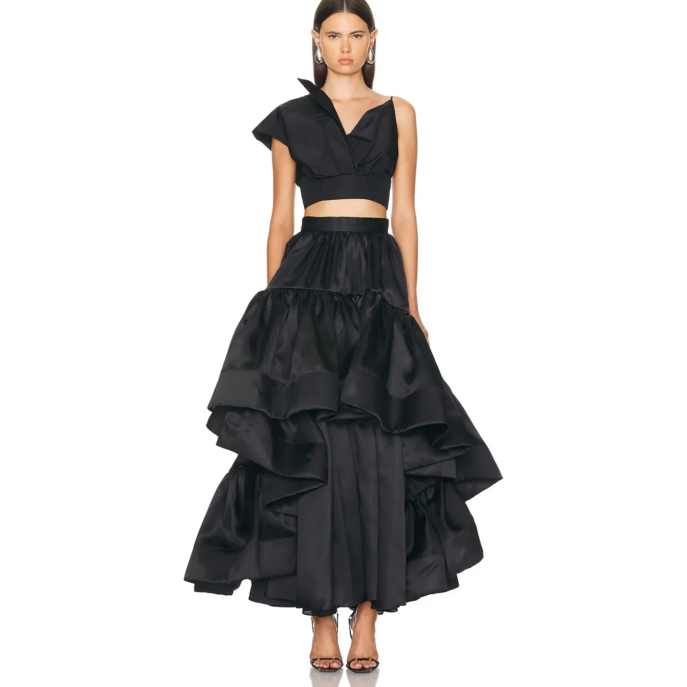 

Elegant Black Ruffles Skirt for Women Tiered Taffeta Evening Party Skirts High Waist Fashion Ladies Prom Skirt NO TOP Custom
