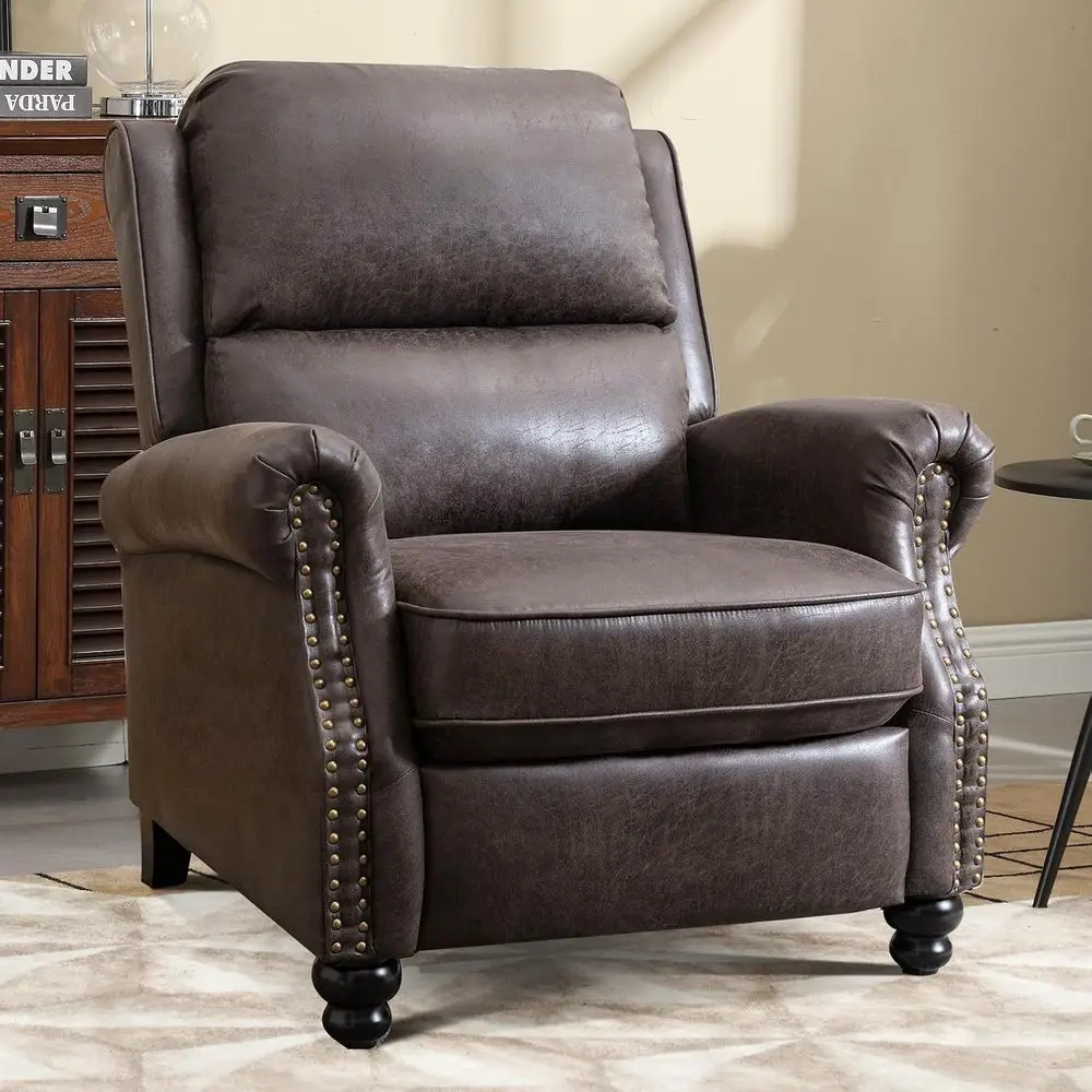 Push Back Recliner Chair aux Leather Lounge Armchair with Rivet Decoration Wingback Single Soa Chair with Padded Seat Solid Wood