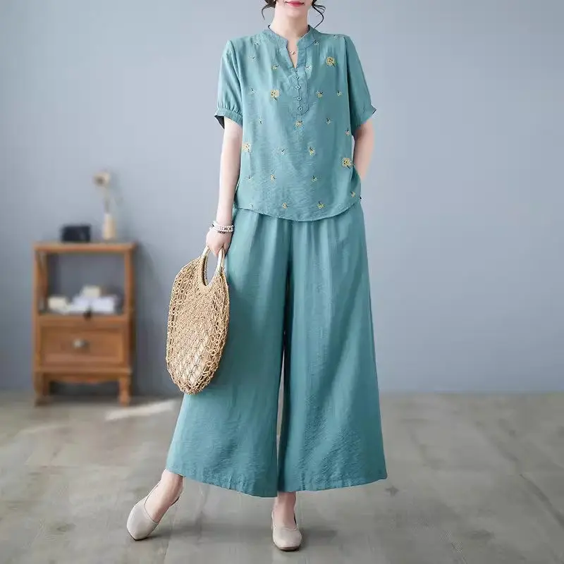 Linen Matching Summer Set Women's Wide Leg Pants Loose Embroidery Mother's Clothing Two-Piece Chinese Ethnic Style Outfits K1508