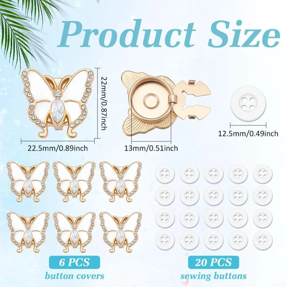 6Pcs Butterfly Rhinestone Button Covers Alloy White Butterfly Button Cover Cufflinks with 20Pcs Plastic Buttons No Sewing Sleeve