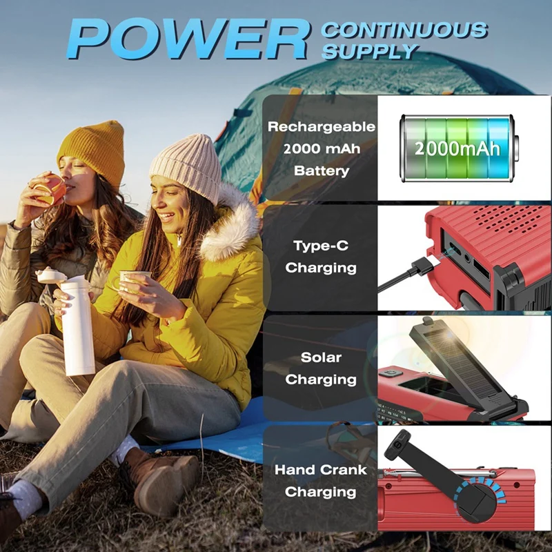 Emergency Weather Radio, 2000Mah Weather Alert Radio Solar Charging, Hand Crank & USB Charged, AM/FM Radio