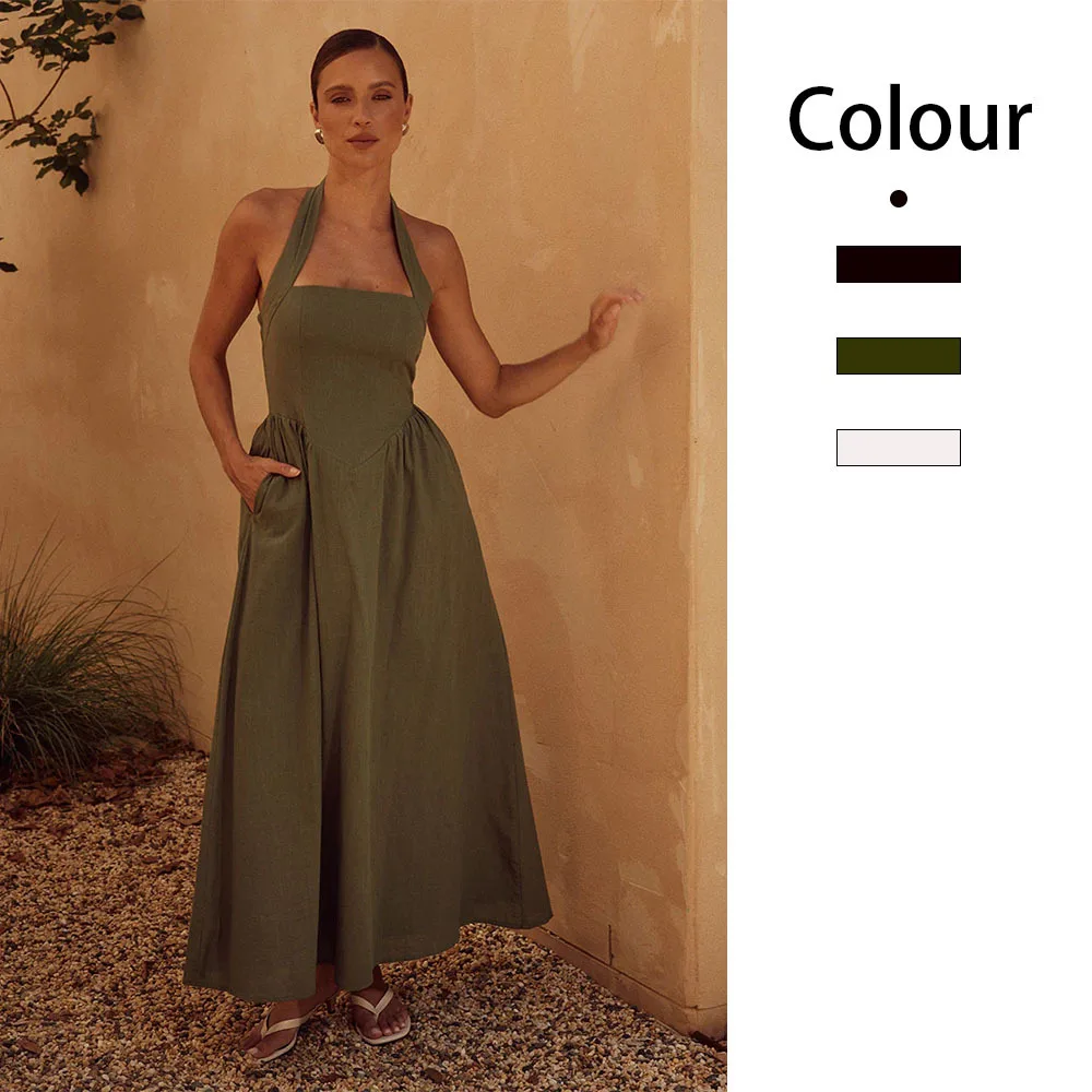 

2024 Summer New Women's Fashion Style Wide Strap Hanging Neck Open Back Dress