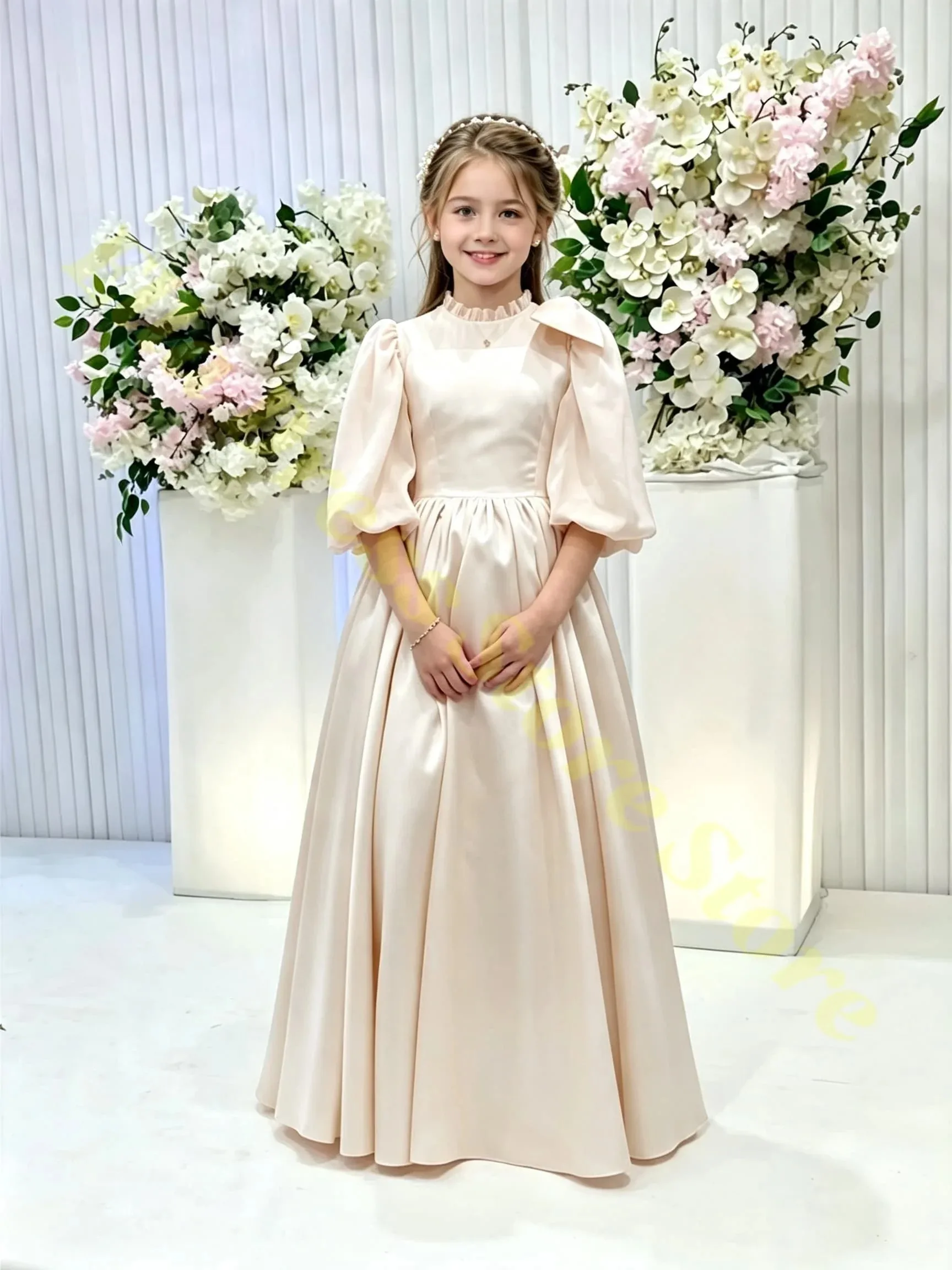 Customized Wholesale Pink Flower Girl Dresses For Wedding Puffy Satin Half Sleeves Kids Birthday Party Performance Girl Gown