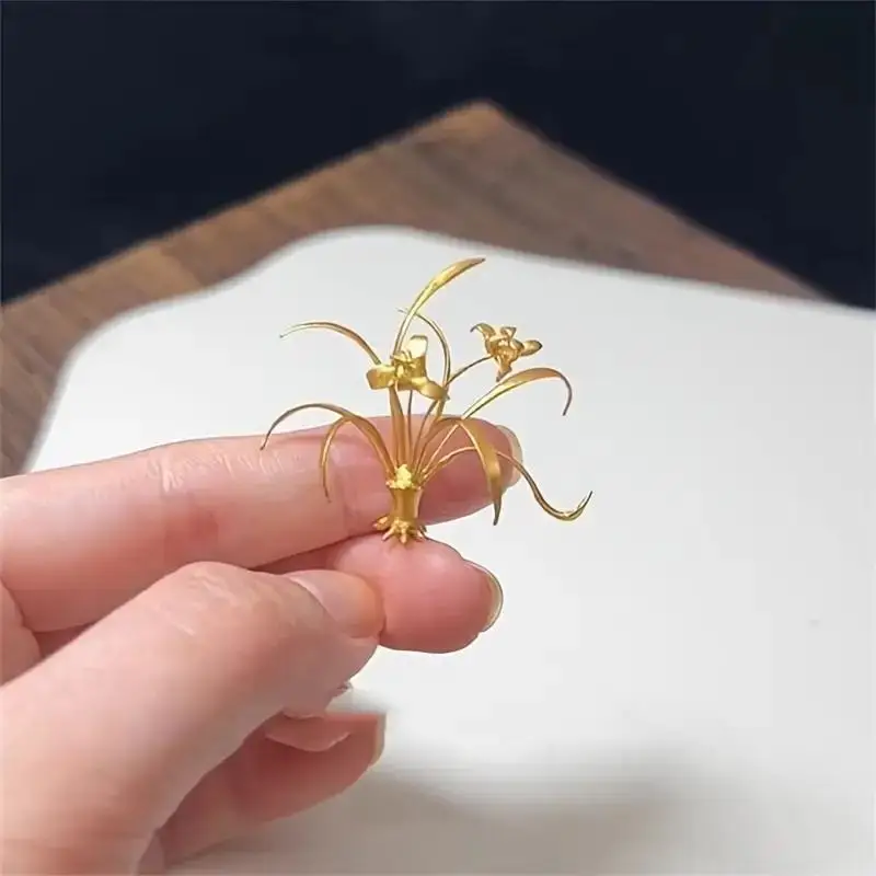 Elegant Golden Orchid Figurine - Chic Faux Floral Tabletop Decor For Living Room, Office, And Special Occasions Cute Decor