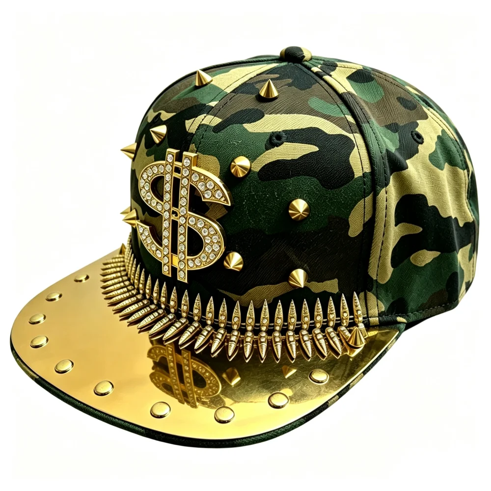 European and American Street Fashion Flat-Brimmed Hip-Hop Hat with Personalized Metal Decoration, Handmade Heavy-Duty Rivet Sewing, Punk Style, Performance Hip-Hop Hat
