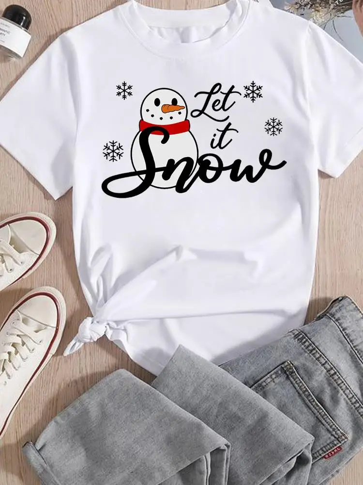 Tee Clothing Snowman Winter Season Short Sleeve T-Shirts Women Lady Christmas New Year Printed Fashion Graphic T Top