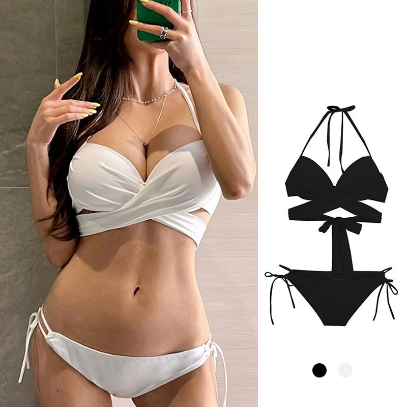 Setelan renang wanita Split Body tiga titik seksi segitiga Bikini mengumpulkan Baja baki cangkir keras liburan musim semi panas baju renang