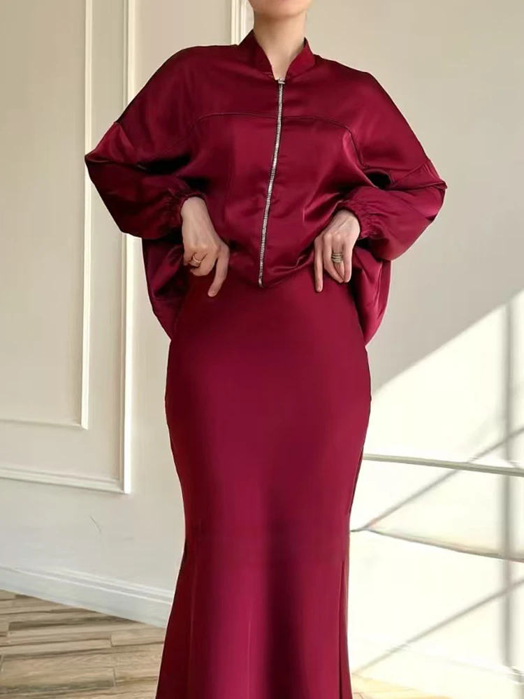 우아한 여성용 솔리드 슬림 투피스 세트 패션 하이웨이스트 스커트 세트 캐주얼 스탠드 칼라 긴팔 지퍼 코트&하프 스커트 세트