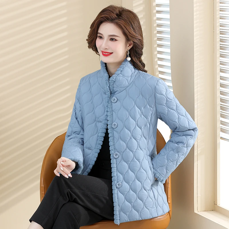 New Down cotton Padded Coat lapel Quilted Jacket Middle-aged Women\'s Coats Autumn Winter Plus Velvet Thick Warm Mother Outwear