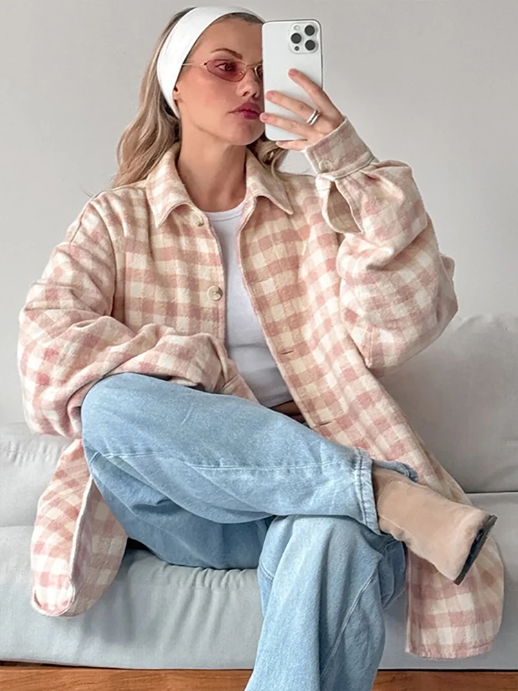 Mumaroho 2024 Winter Autumn Women Woolen Plaid Jacket Pink Long Sleeve Tops Outwear Coat For Women