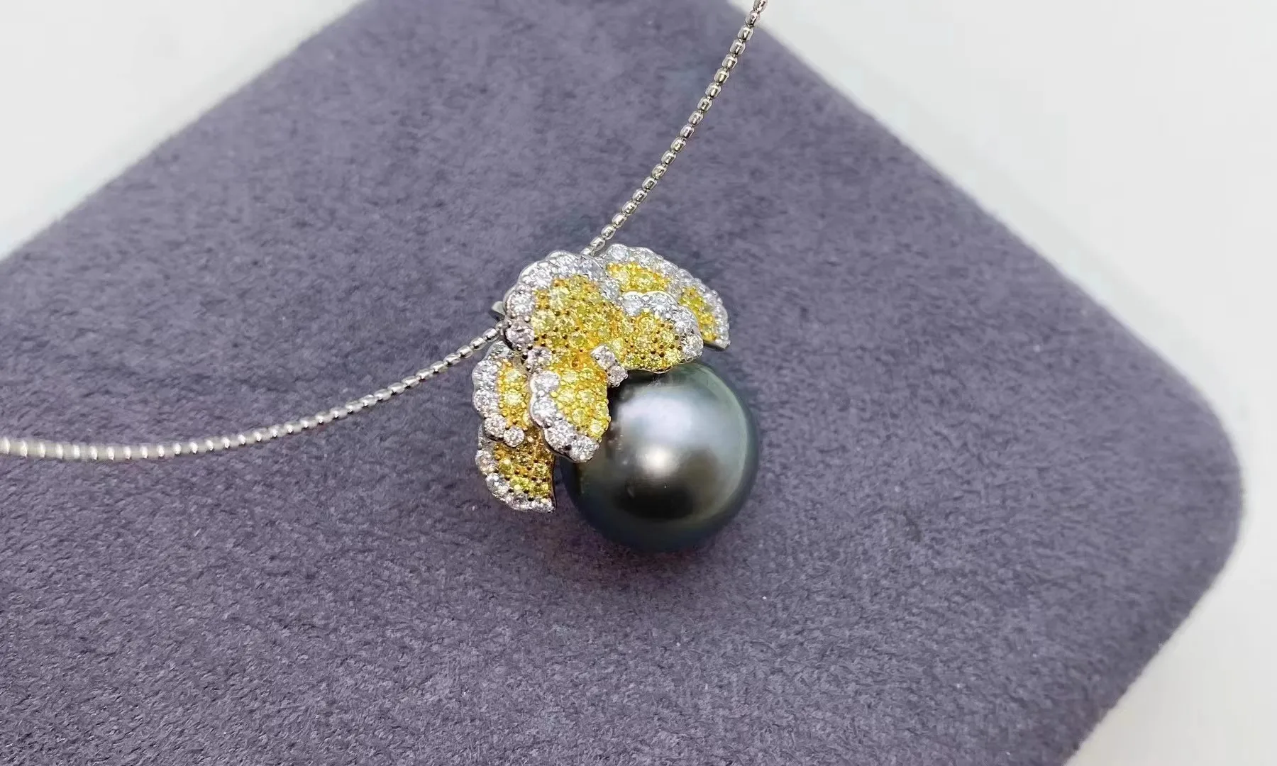 Gorgeous AAA 12-13mm Natural Tahitian Black Stud Pearl Pendant Necklace 925 Silver