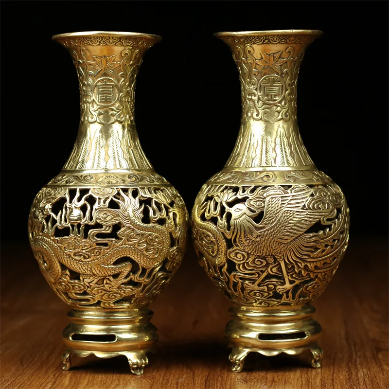 Dragon Phoenix , brass , translucent flower , antique-style distressed , wealth and auspiciousness vase