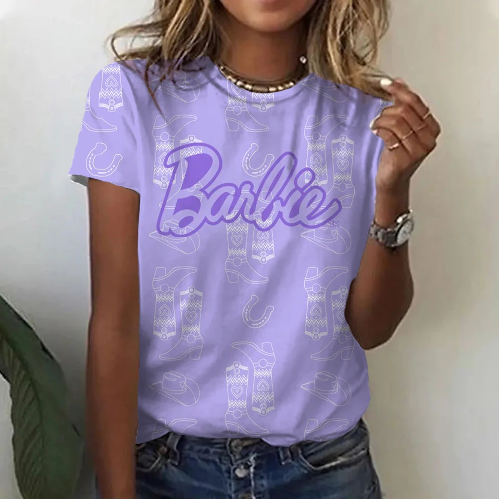 Kawaii Barbie T-Shirt Cartoon Cute Women's  Printed Round Neck T-Shirt Y2K Summer Breathable Girl Street Casual Top Gifts